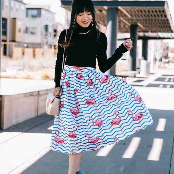 Pink Flamingo Nautical Blue White Stripe High Waisted Full Midi Skirt - Picture 2 of 16